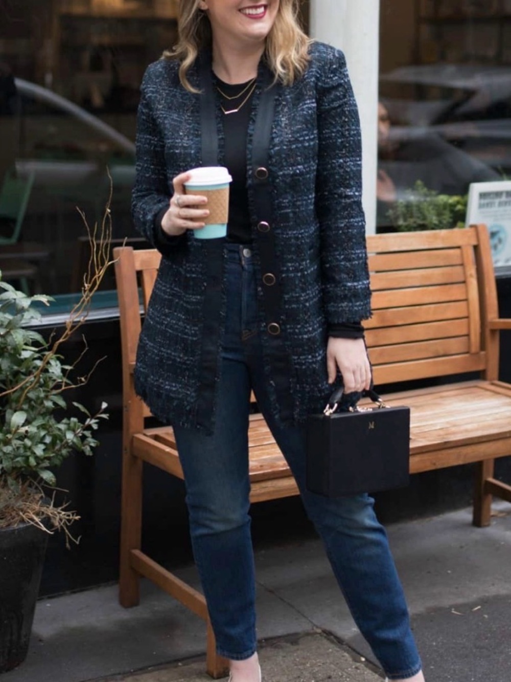 Ann Taylor Textured Navy & Black Tweed Jacket Size 6